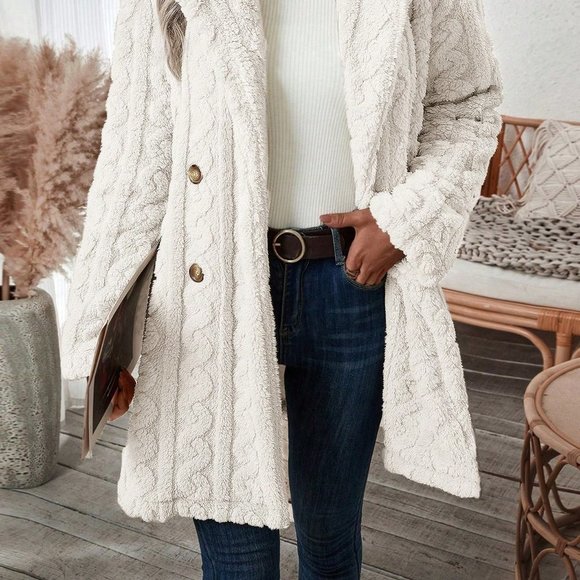 White Preppy Womens Double Breasted Lapel Neck Flannelette Coat - Picture 4 of 5